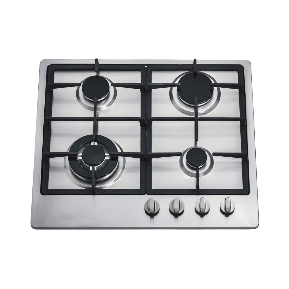 A silver stainless steel TOP GAS 4 burner gas cooker with a built-in/counter-top design and electric ignition.
