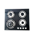 A black 60cm 4 burner gas cooker hob with a tempered glass surface and in-built design, featuring a battery ignition system.