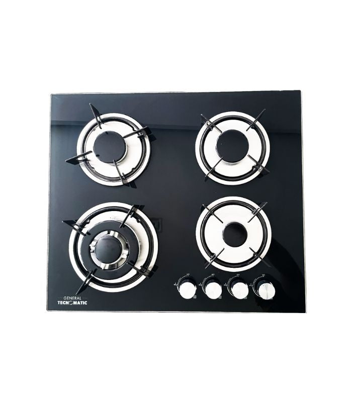 A black 60cm 4 burner gas cooker hob with a tempered glass surface and in-built design, featuring a battery ignition system.