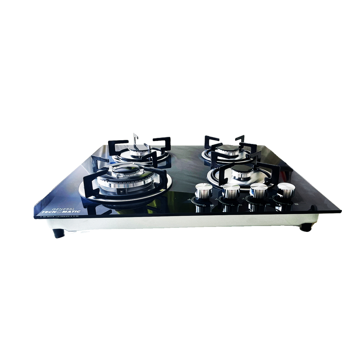 A black 60cm 4 burner gas cooker hob with a tempered glass surface and in-built design, featuring a battery ignition system.
