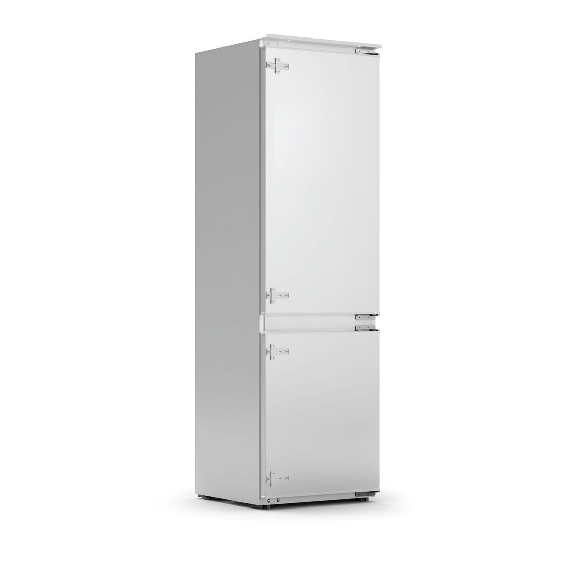 A silver Teka built-in refrigerator with a front-mounted freezer drawer and multiple shelves.