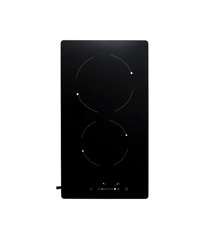 A black ceramic infrared two burner hob with a digital display and control buttons.