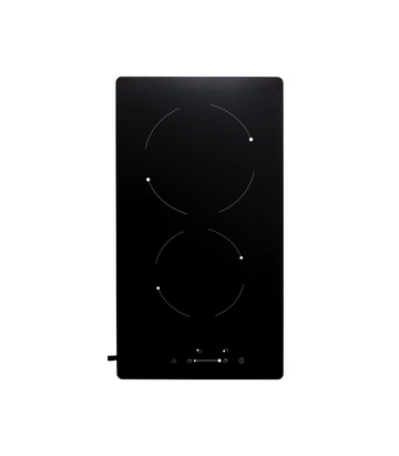 A black ceramic infrared two burner hob with a digital display and control buttons.