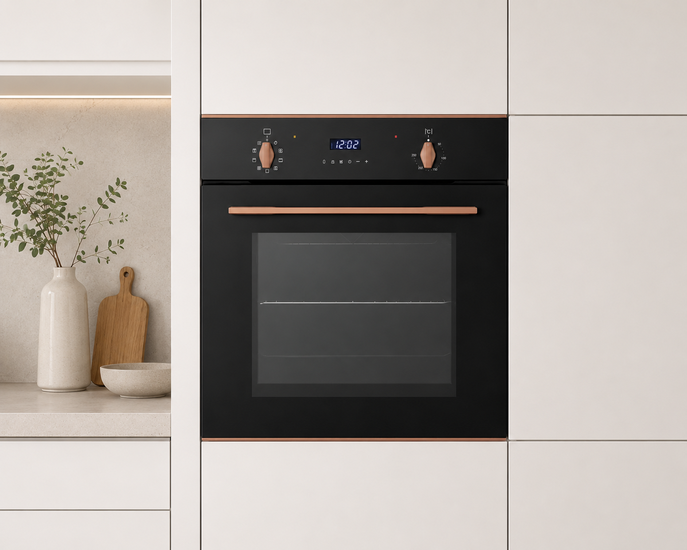 Black oven with copper accents in a modern kitchen setting