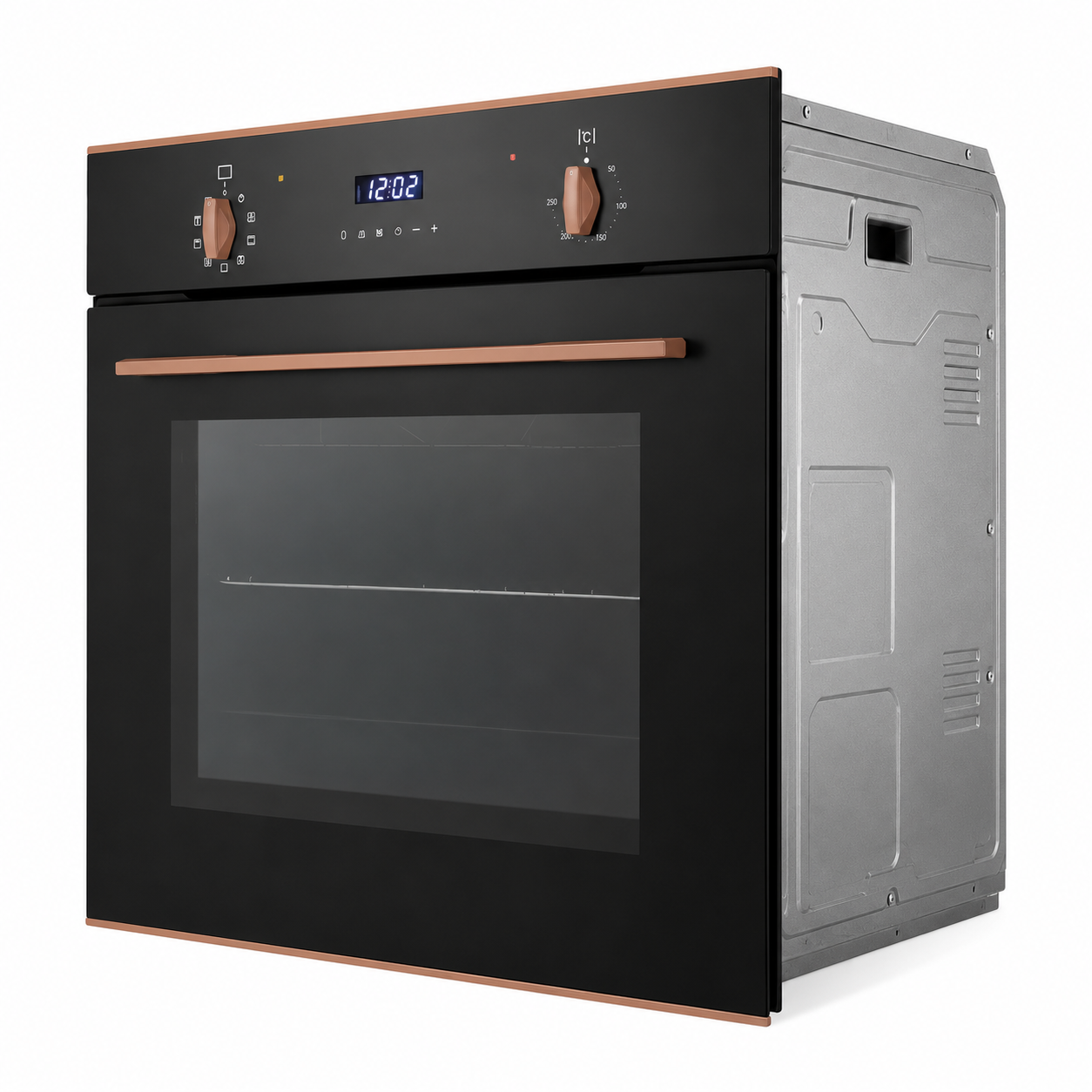 Black oven with copper handles on a white background