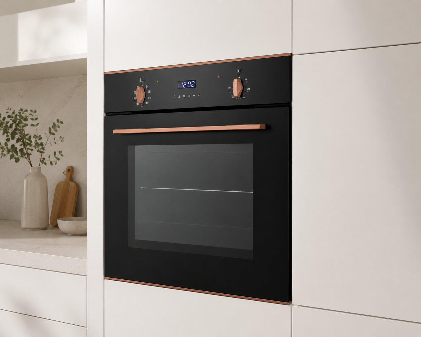 Modern kitchen with a black oven featuring copper handles and trim.