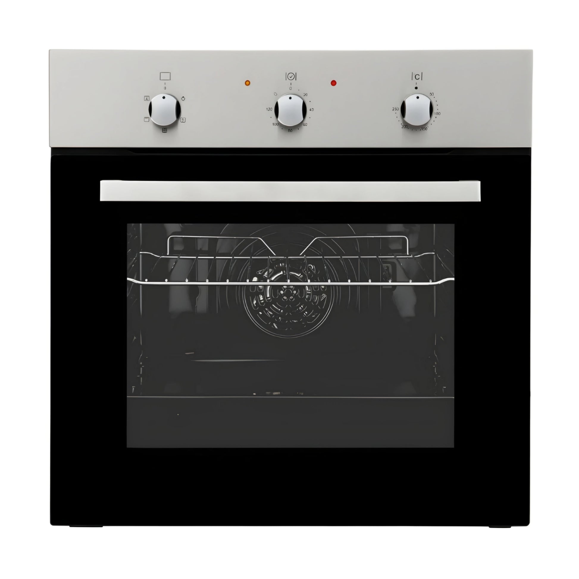 A built-in electric oven with black exterior, glass door, and silver knobs.