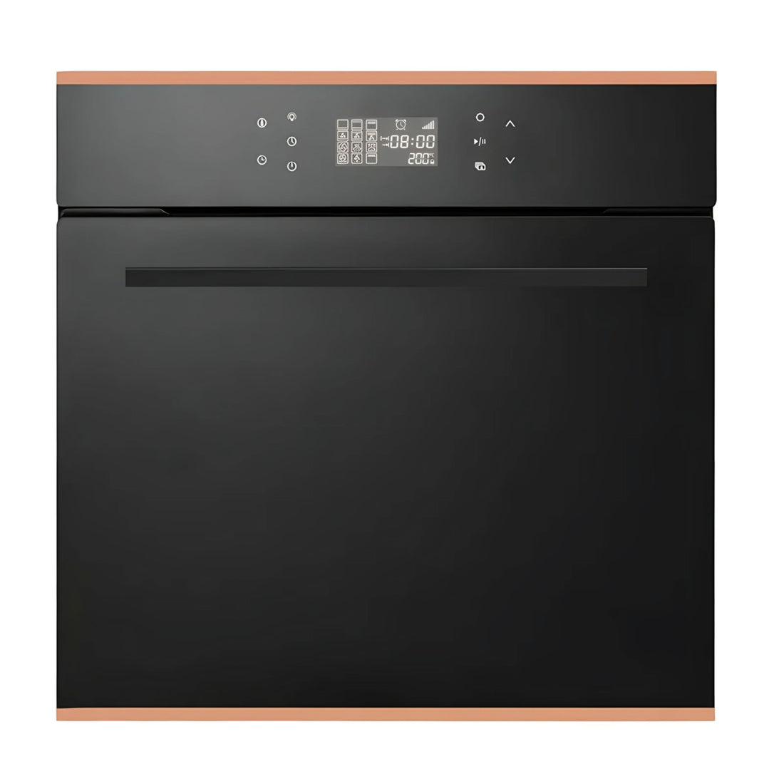 A black Teka 60L Touch Control Built-in Oven with a digital display and golden rose accents on the front.