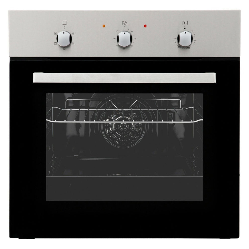 A built-in electric oven with a black exterior and silver knobs.