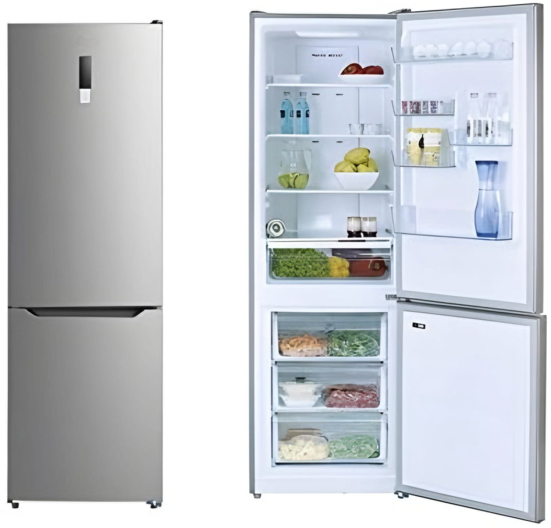 A Teka non-frost freestanding refrigerator with a stainless steel finish, showcasing its interior with various food items and the exterior closed.