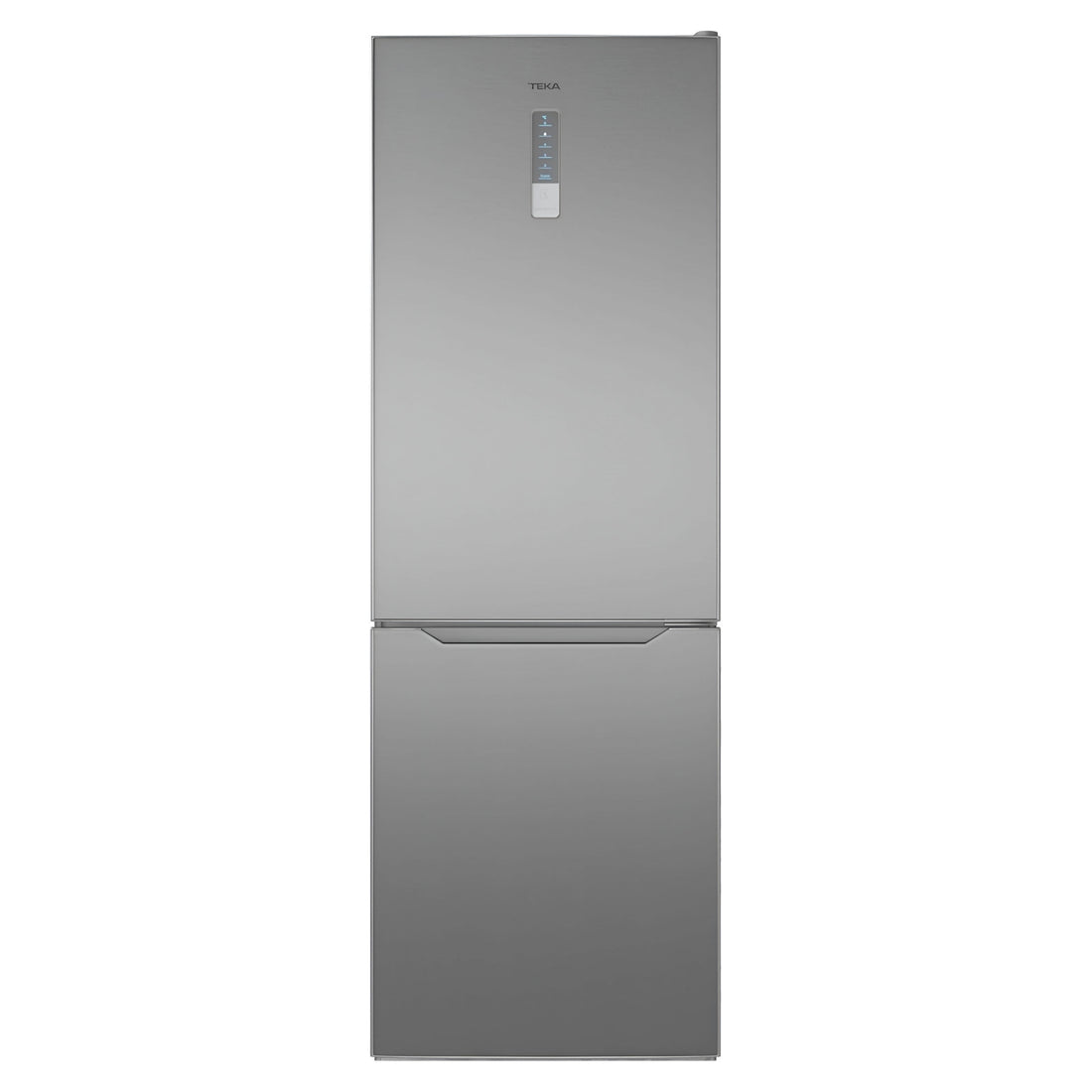 A Teka non-frost freestanding refrigerator with a stainless steel finish, showcasing its interior with various food items and the exterior closed.
