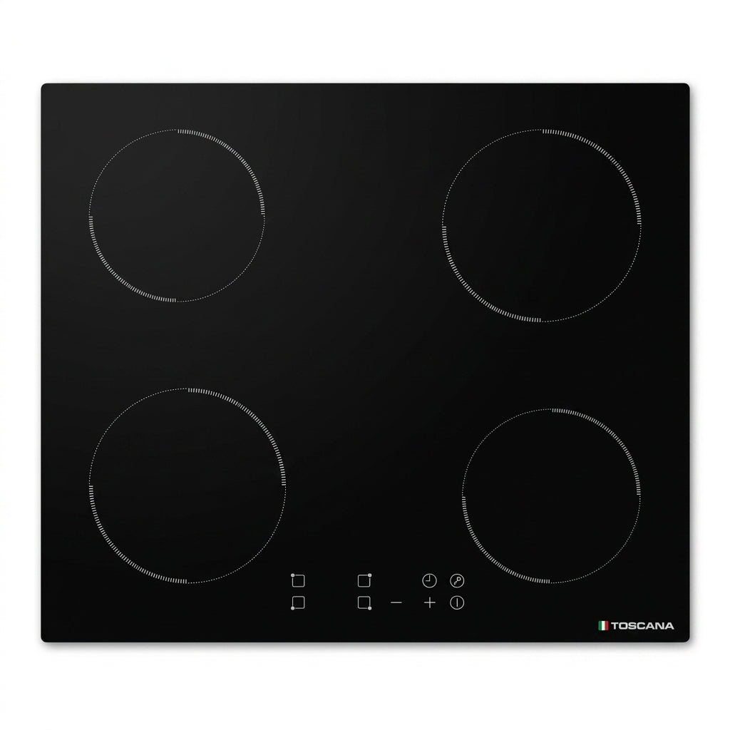 A black glass-ceramic built-in electric cooktop with four circular burner zones and a touch control panel at the bottom right, featuring the TOSCANA brand logo.
