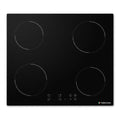 A black glass-ceramic built-in electric cooktop with four circular burner zones and a touch control panel at the bottom right, featuring the TOSCANA brand logo.