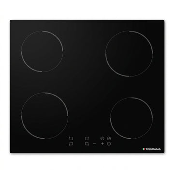 A black glass-ceramic built-in electric cooktop with four circular burner zones and a touch control panel at the bottom right, featuring the TOSCANA brand logo.