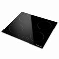 A black glass-ceramic electric cooktop with four circular burner zones and a touch control panel, shown at an angle on a white background.