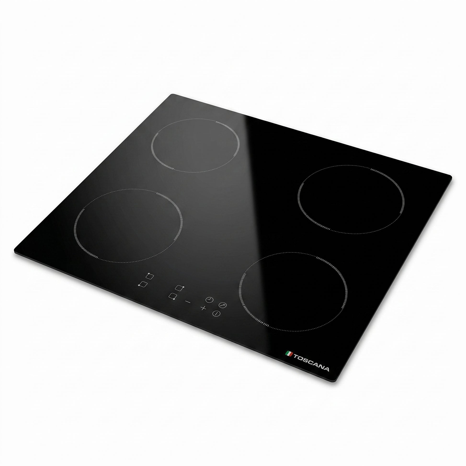A black glass-ceramic electric cooktop with four circular burner zones and a touch control panel, shown at an angle on a white background.