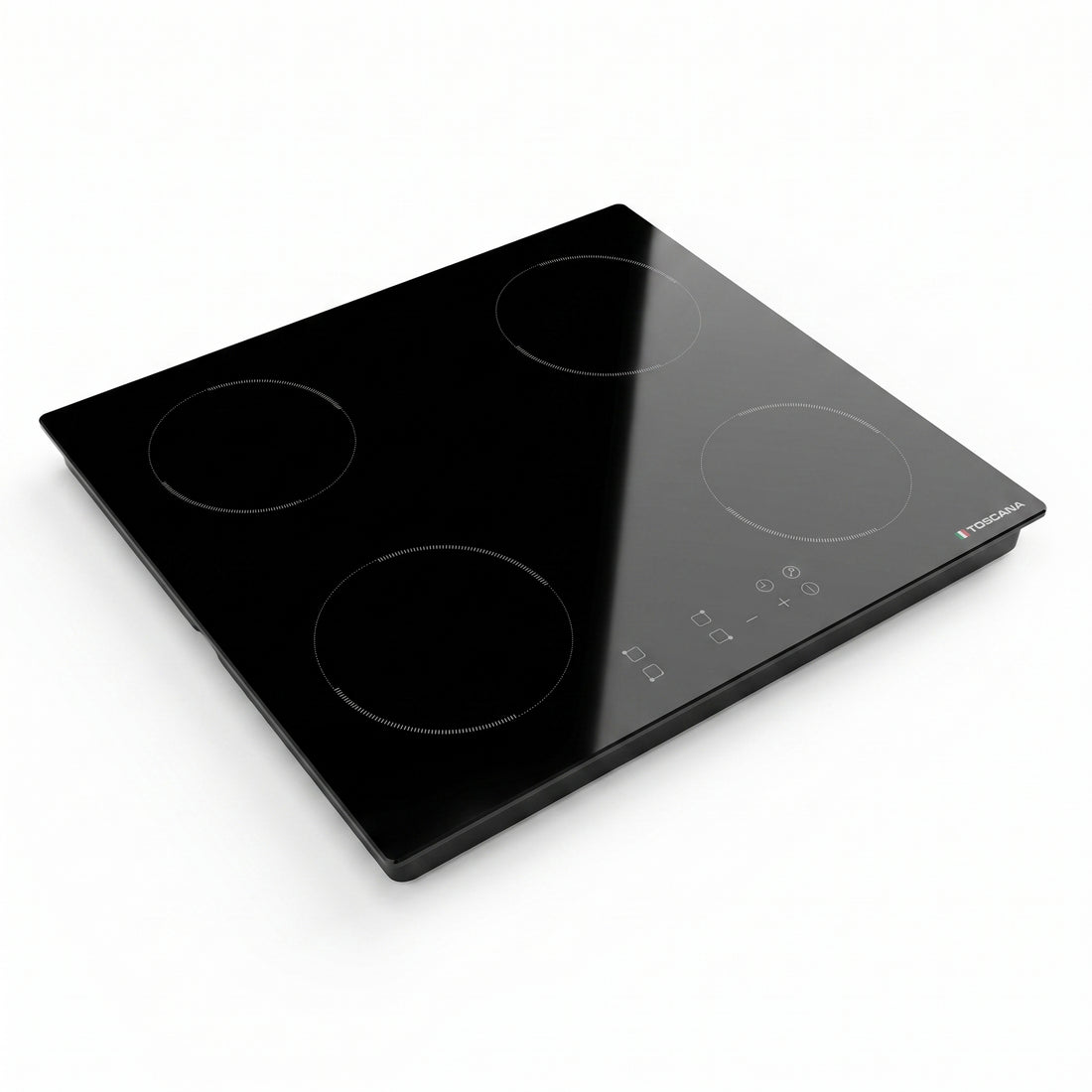 A black glass-ceramic built-in electric cooktop with four circular burner zones and a touch control panel at the bottom right, featuring the TOSCANA brand logo.