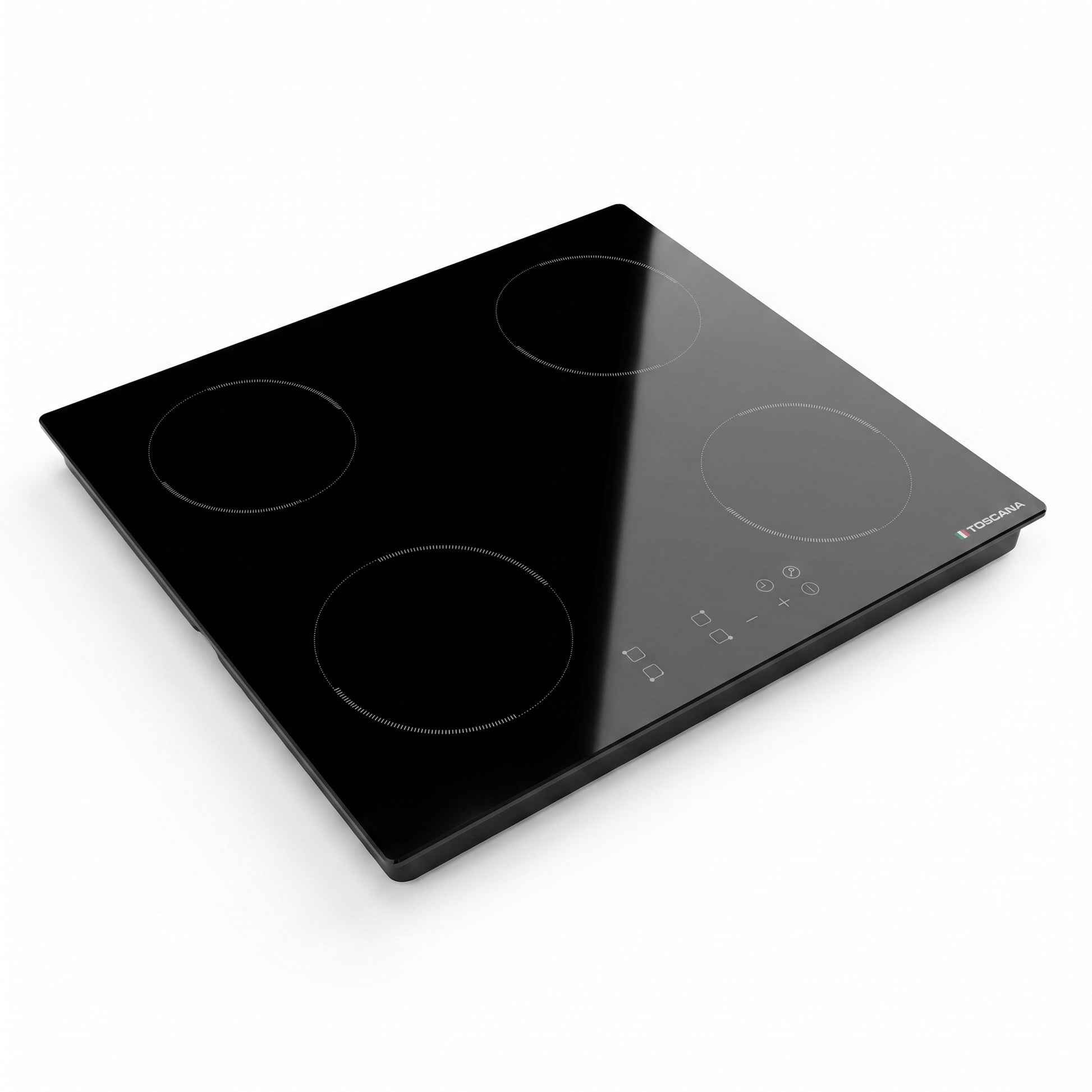 A black glass-ceramic electric cooktop with four circular burner zones and a touch control panel on the right side, shown at an angle on a white background.