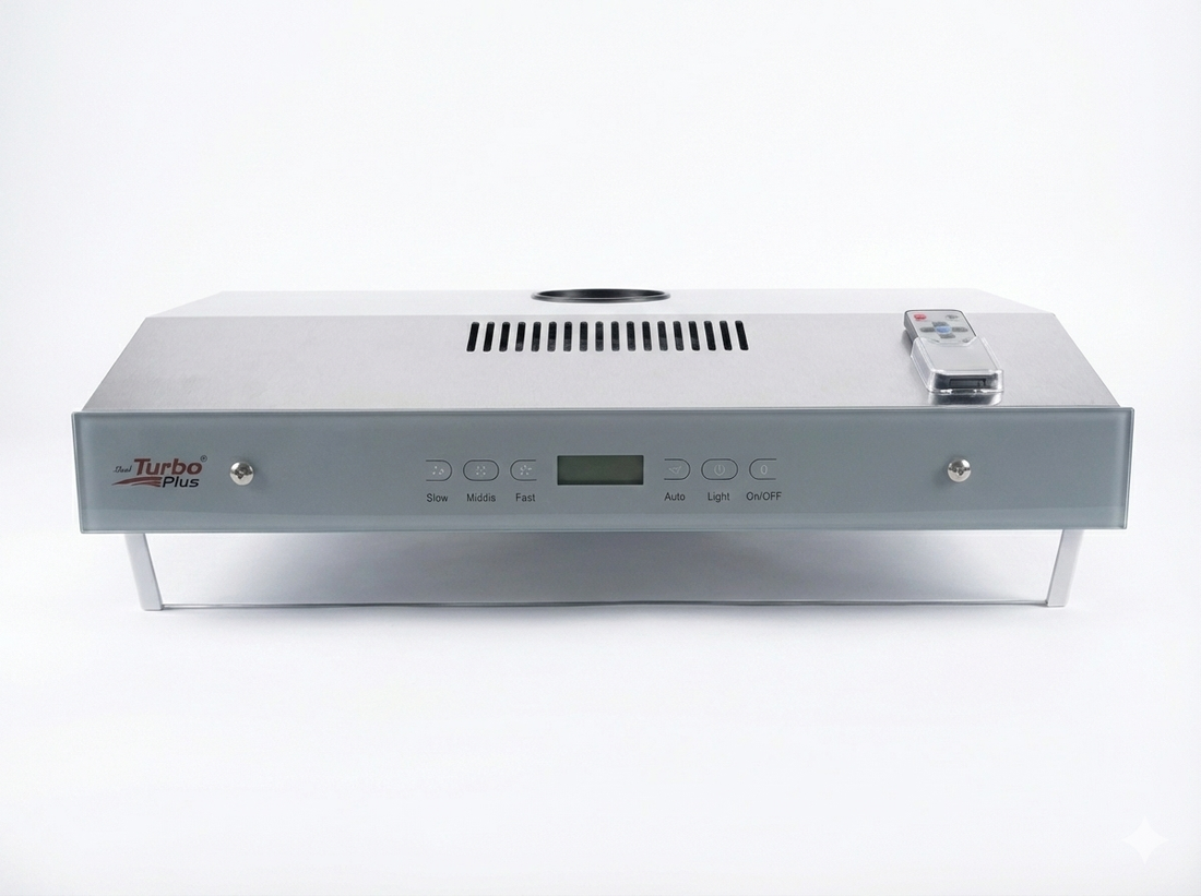 Stainless steel range hood with digital display and remote control on a white background