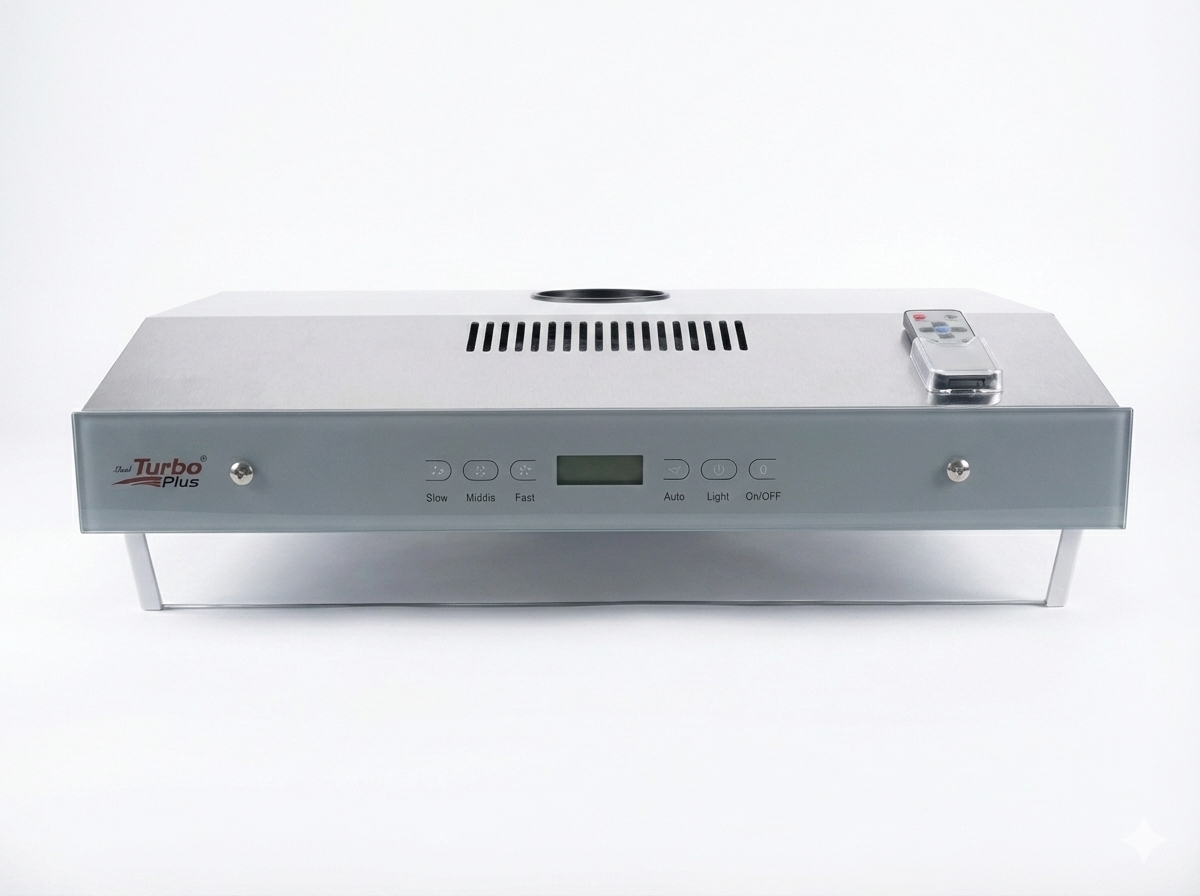 Stainless steel range hood with digital display and remote control on a white background