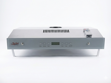 Stainless steel range hood with digital display and remote control on a white background