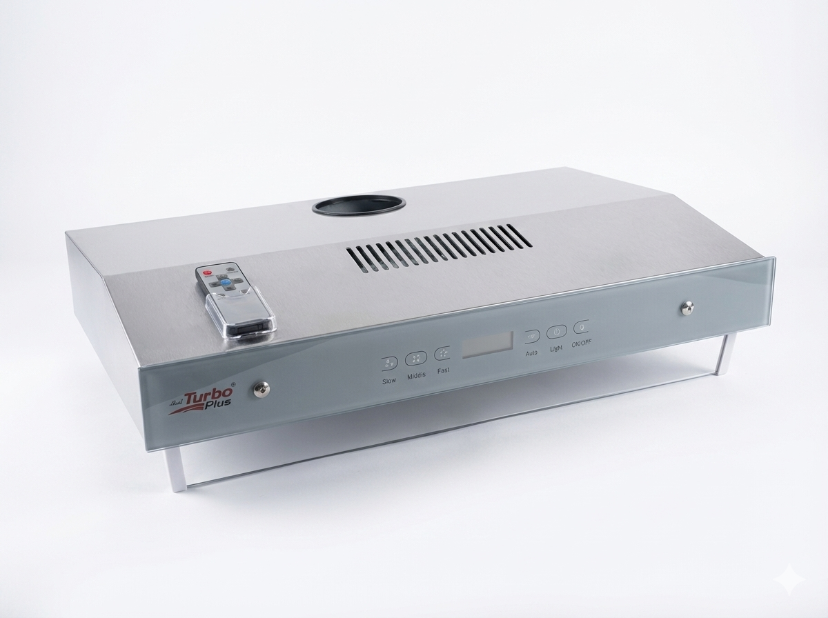 Stainless steel range hood with remote control on a white background