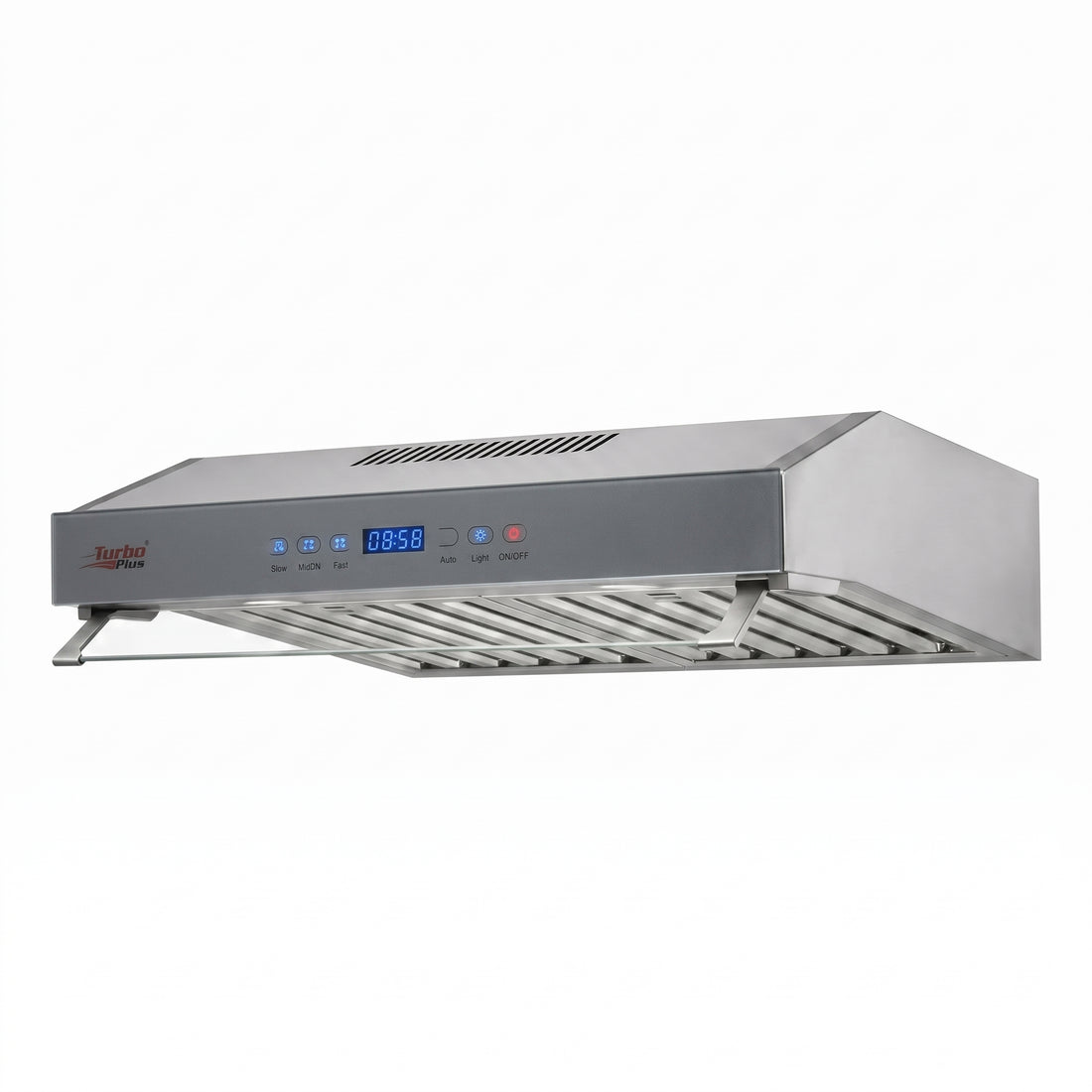 A stainless steel commercial range hood with a digital control panel on the front, shown against a plain white background.