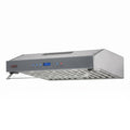 A stainless steel commercial range hood with a digital control panel on the front, shown against a plain white background.