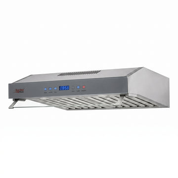 A stainless steel commercial range hood with a digital control panel on the front, shown against a plain white background.