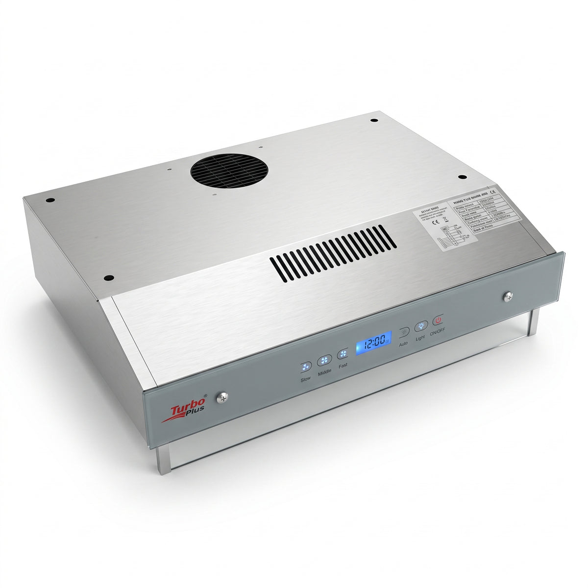 A Taurus Plus commercial range hood with a brushed stainless steel finish, featuring a digital control panel with blue LED display and buttons on the front, a circular vent on the top, and a product label on the upper right.