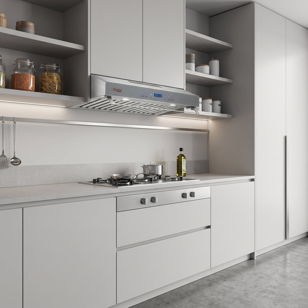 A modern kitchen interior with white cabinetry, a stainless steel range hood, a gas stovetop, open shelves with jars and containers, and a gray floor.