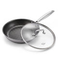 A stainless steel sauté pan with a textured non-stick interior and a clear glass lid with a stainless steel handle, shown on a white background. The brand name 'URACEN' is visible on the glass lid.