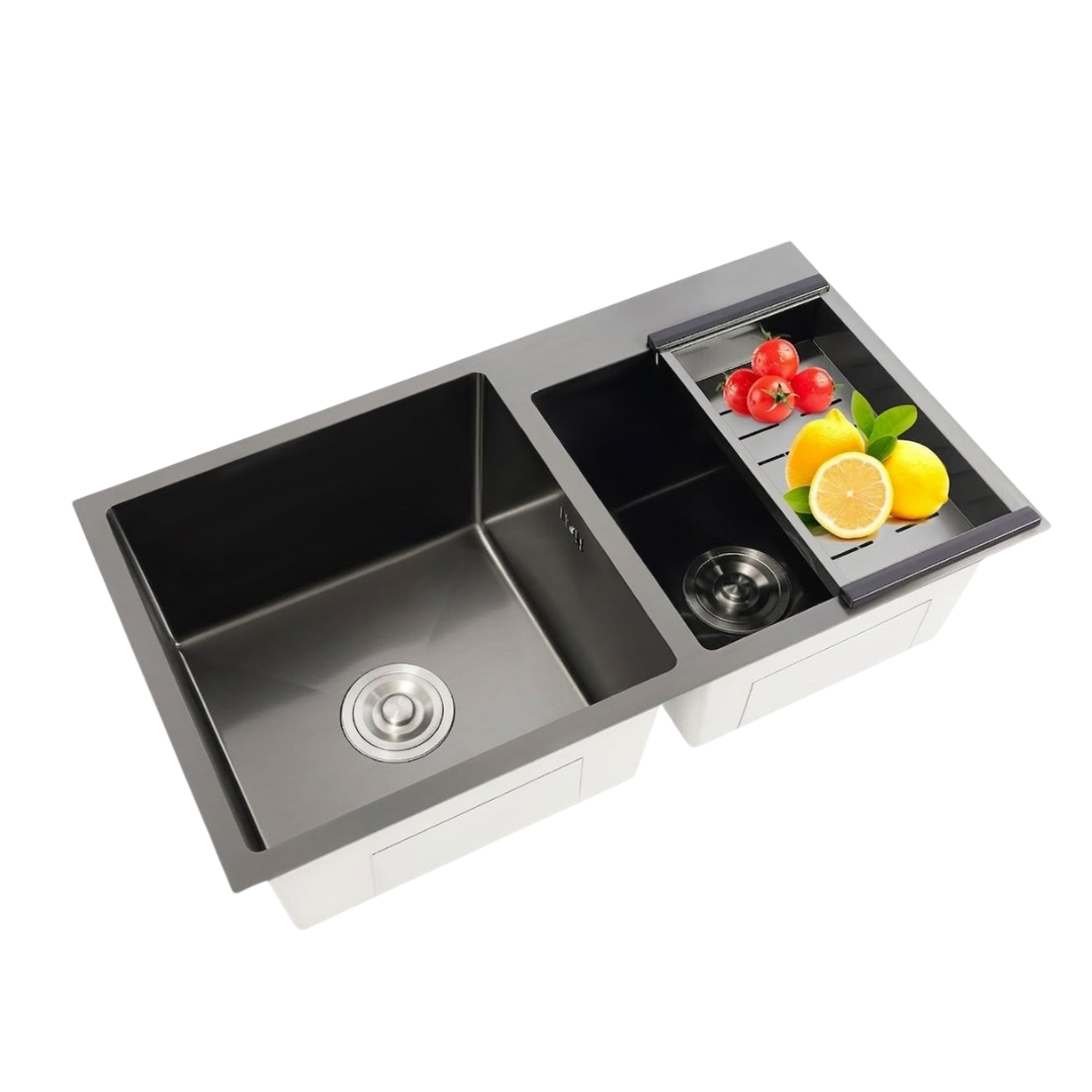 Double Bowl Black Sink with Drainer Basket 78 x 45cm
