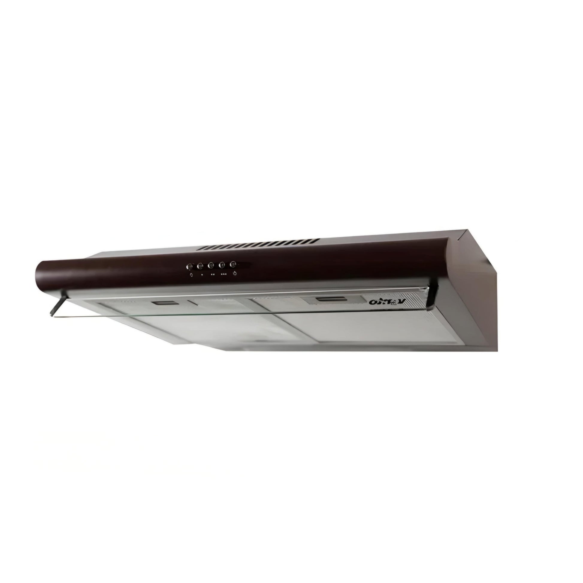 A 50cm wide brown range hood with a transparent canopy, featuring push buttons and a brand logo, set against a white background.