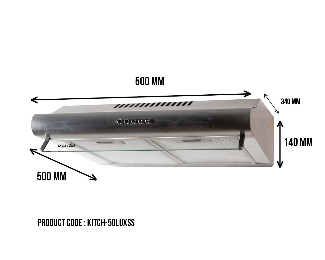 Stainless steel range hood with dimensions labeled on a white background