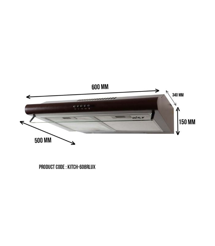 A Vento 60cm wide brown kitchen hood with control buttons and a built-in LED light.