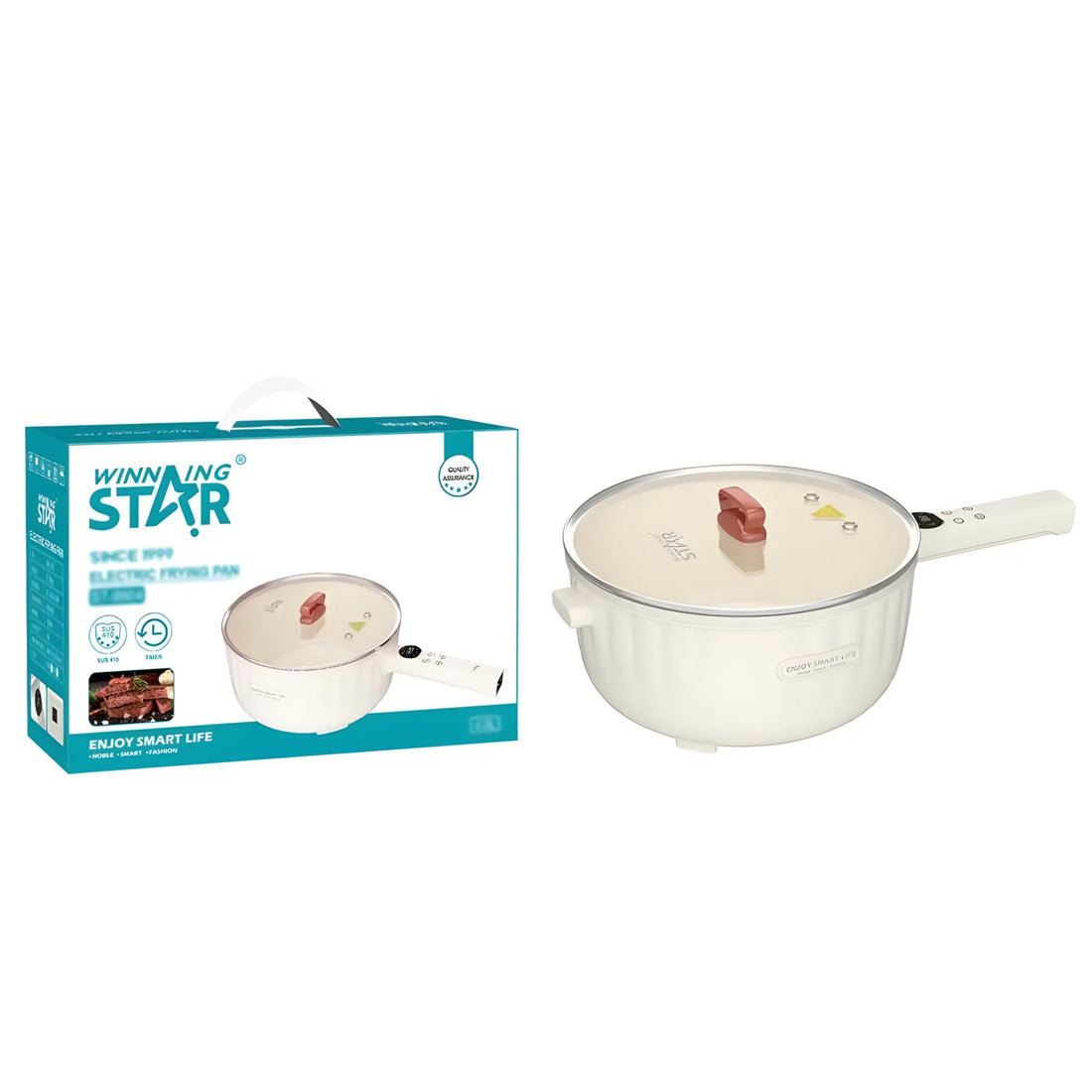 A white Winning Star 4L Multi-Function Stainless Steel Cooking Electric Hot Pot with its packaging box.