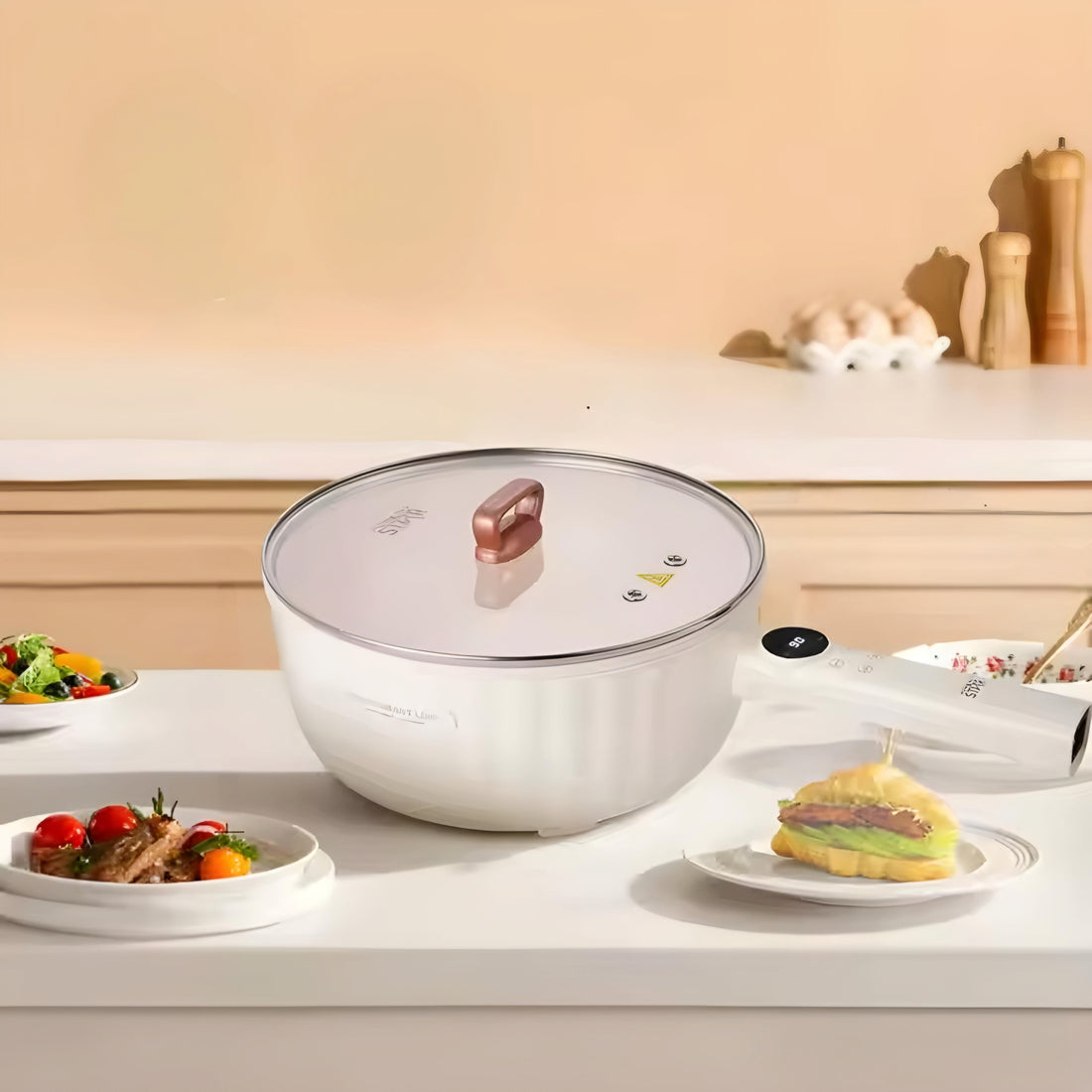 A white Winning Star 4L Multi-Function Stainless Steel Cooking Electric Hot Pot with its packaging box.