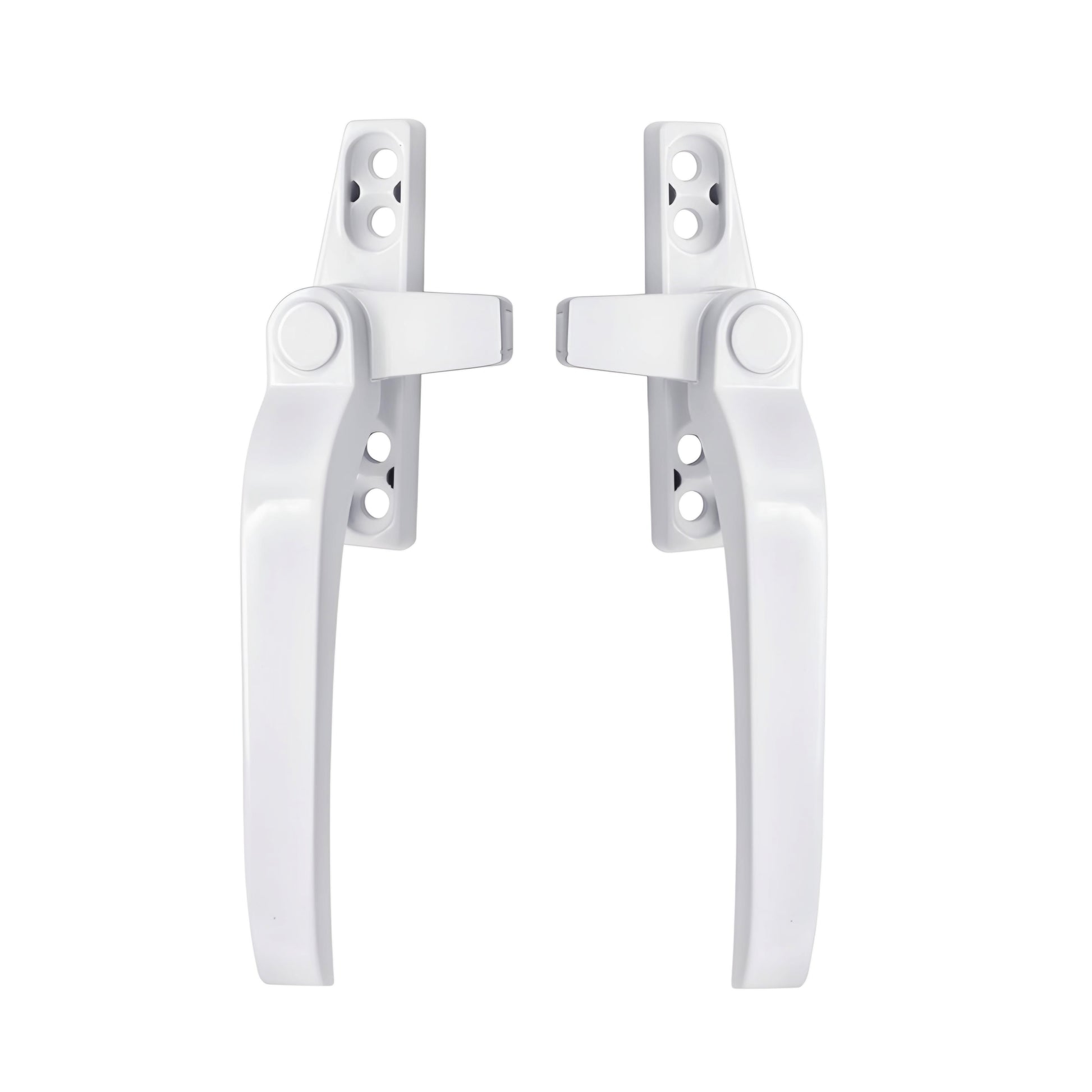 A pair of white stainless steel window handles against a white background.