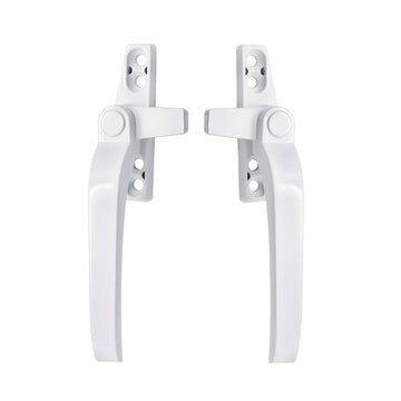 A pair of white stainless steel window handles against a white background.