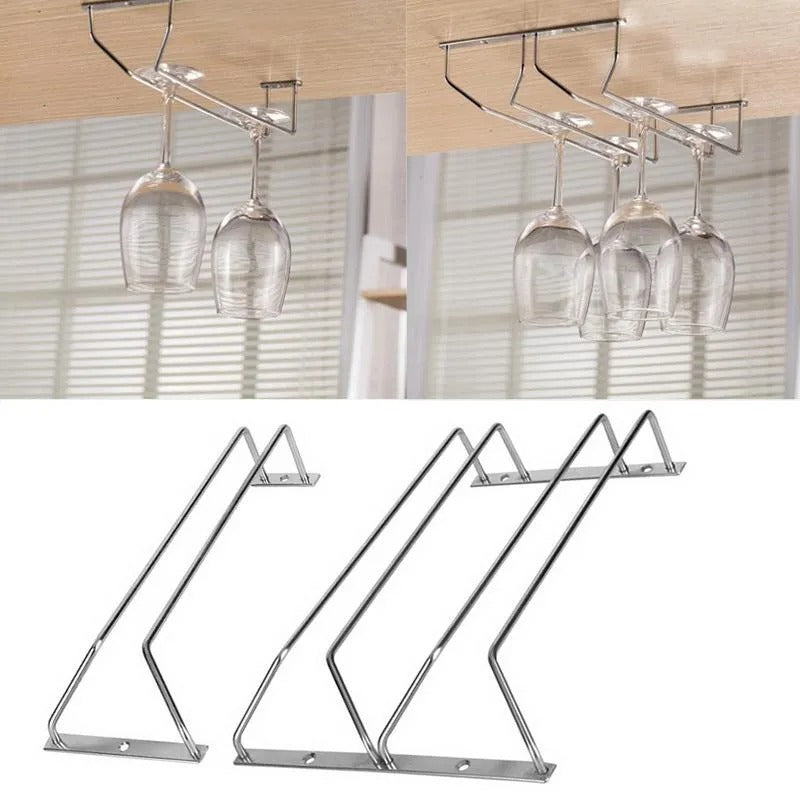 A set of stainless steel wine glass holders designed to be hung under shelves or cabinets, featuring a triangular shape with a metal rod and hook for hanging glasses.
