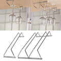 A set of stainless steel wine glass holders designed to be hung under shelves or cabinets, featuring a triangular shape with a metal rod and hook for hanging glasses.