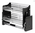 A stainless steel elevator basket with an open-frame design, featuring a polished, rust-resistant finish and visible wire type construction. It is mounted on a black wall organizer with an open-frame design as well.