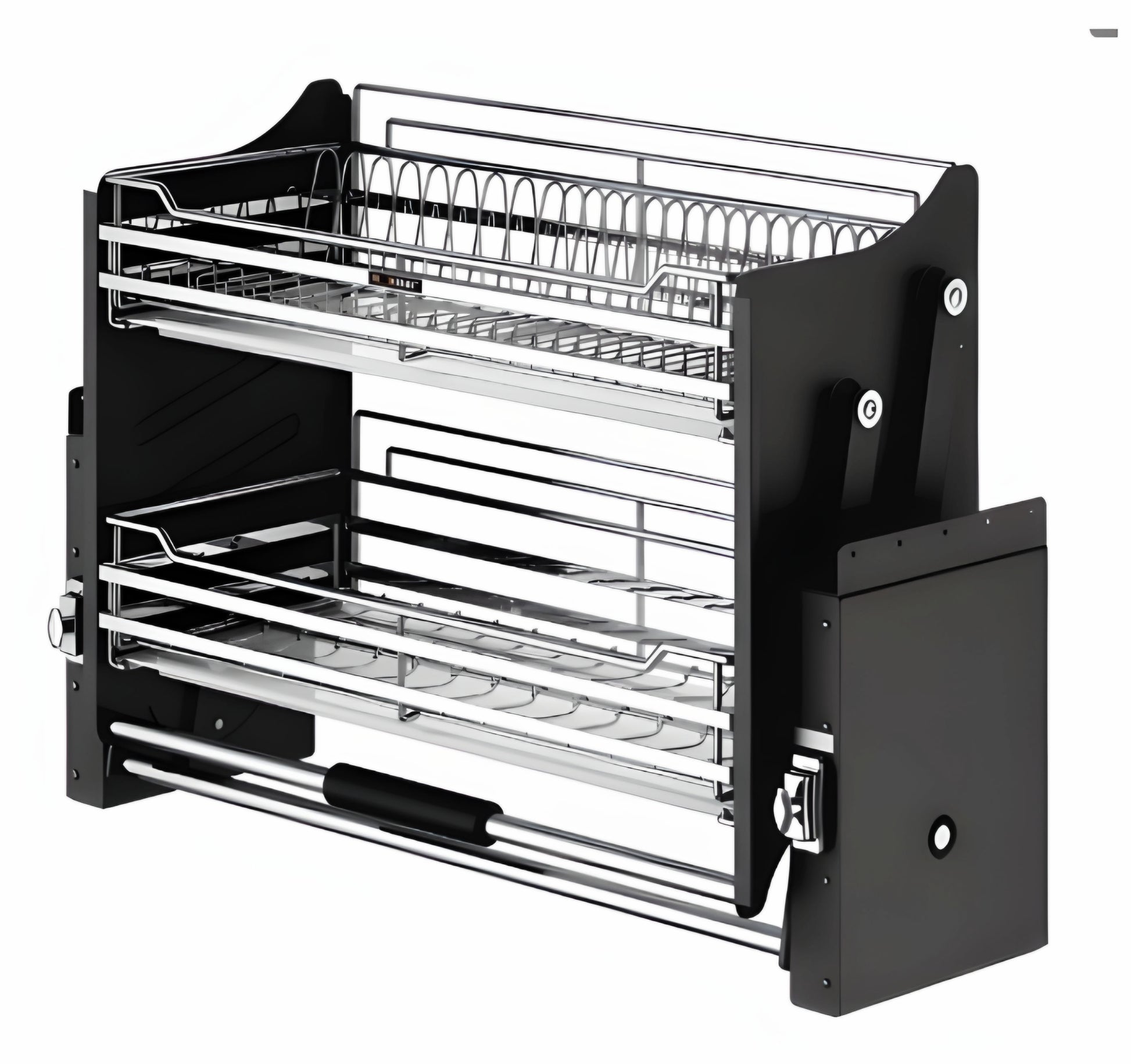 A stainless steel elevator basket with an open-frame design, featuring a polished, rust-resistant finish and visible wire type construction. It is mounted on a black wall organizer with an open-frame design as well.