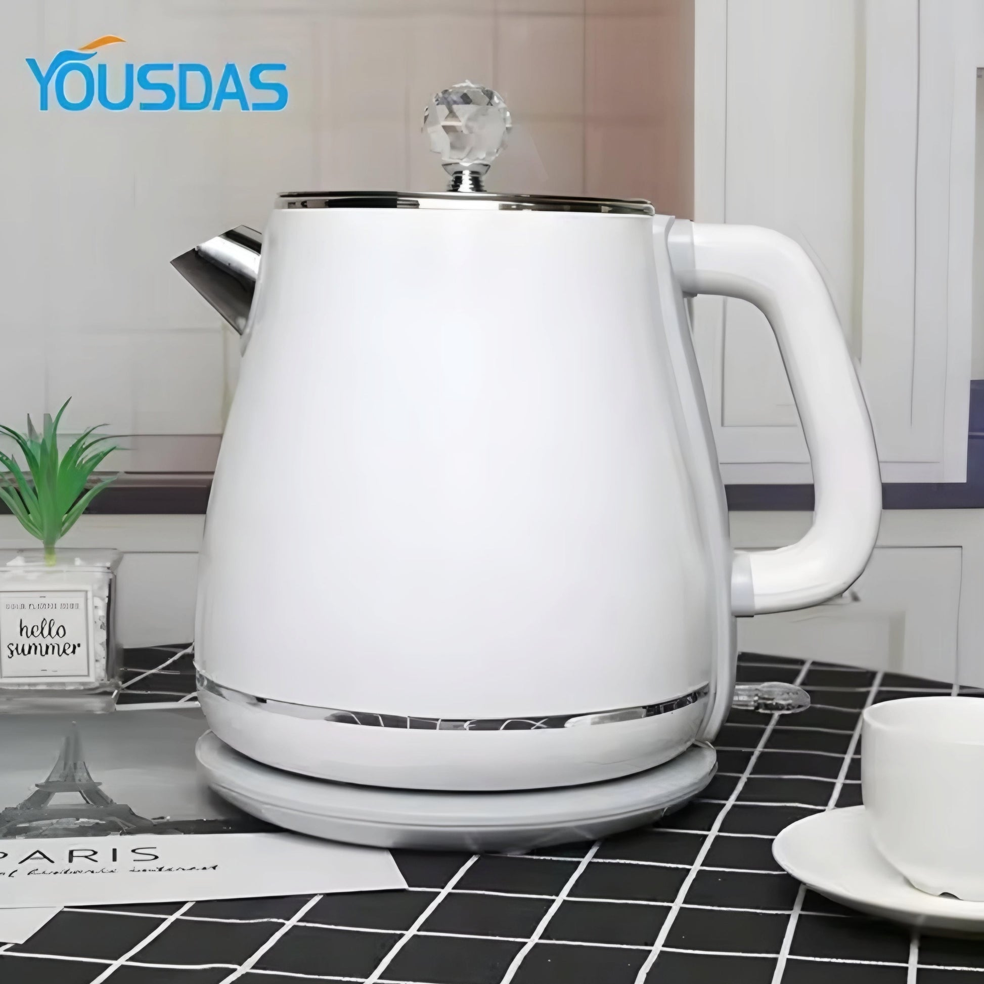 Four Yousdas electric kettles in different colors (white, blue, green, and gray) displayed side by side.