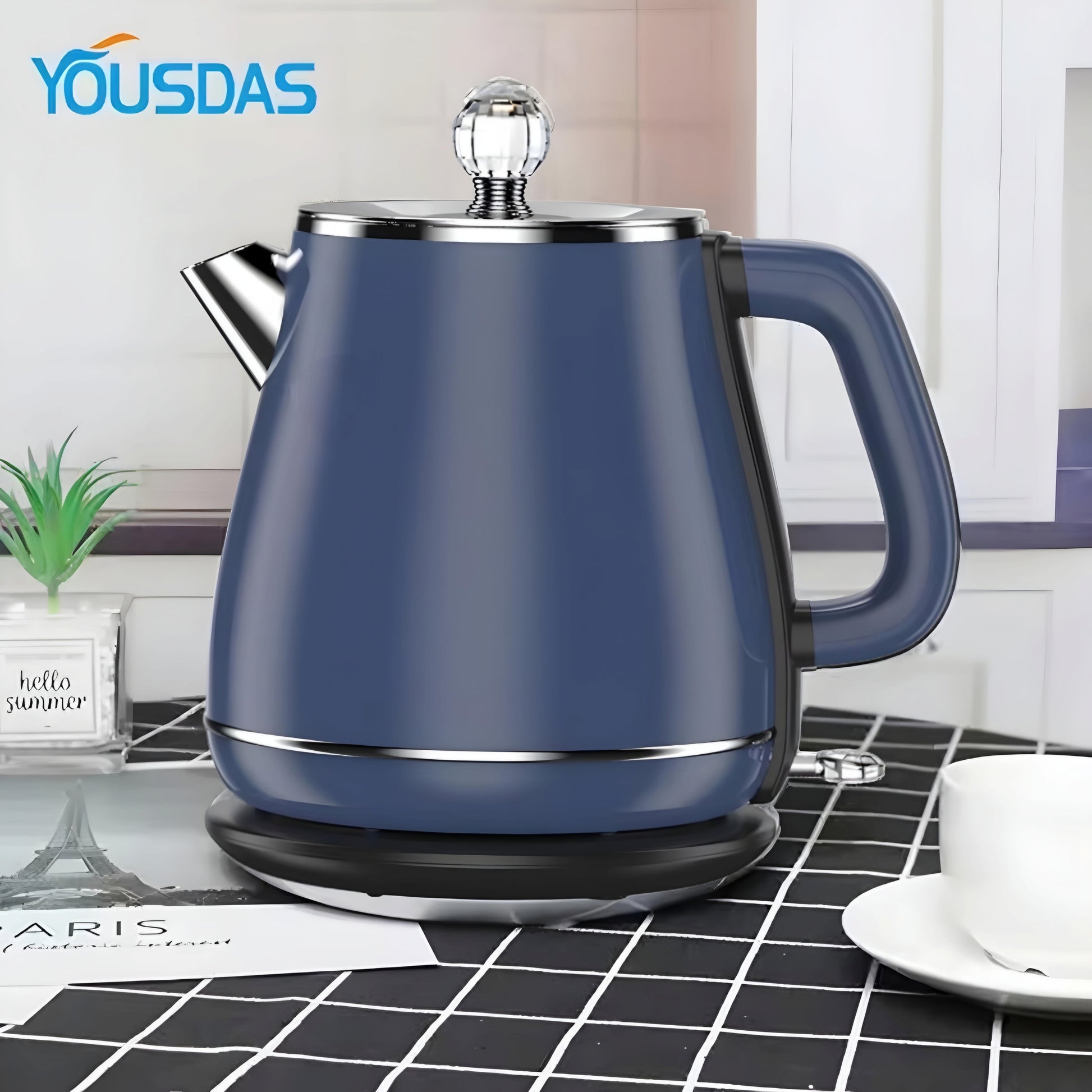 Four Yousdas electric kettles in different colors (white, blue, green, and gray) displayed side by side.