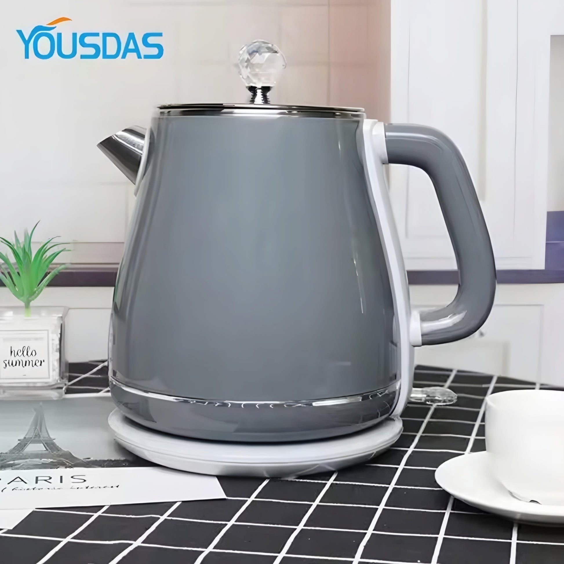 Four Yousdas electric kettles in different colors (white, blue, green, and gray) displayed side by side.