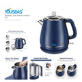 A blue Yousdas electric kettle with double layer design, showcasing features such as the 1.7L capacity, double wall design, and easy-to-clean attributes.