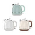 Three Yousdas electric kettles in different colors (green, white, and cream) with a stainless steel finish and a modern design.