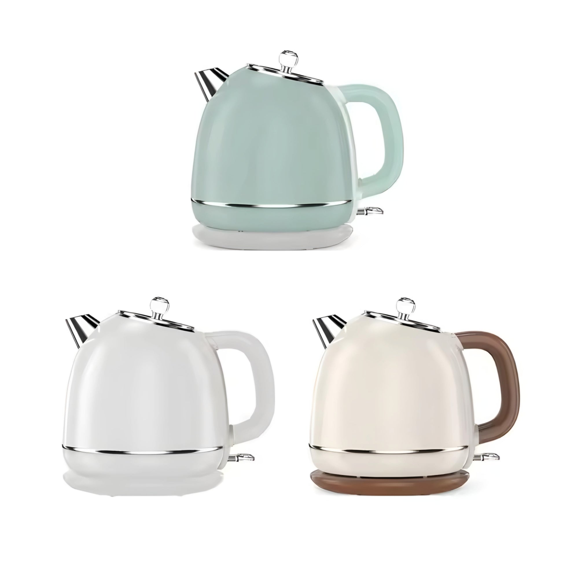 Three Yousdas electric kettles in different colors (green, white, and cream) with a stainless steel finish and a modern design.